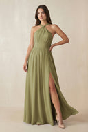 Moss Green Halter Neck Ruched A-Line Chiffon Bridesmaid Dress | KISSBRIDAL