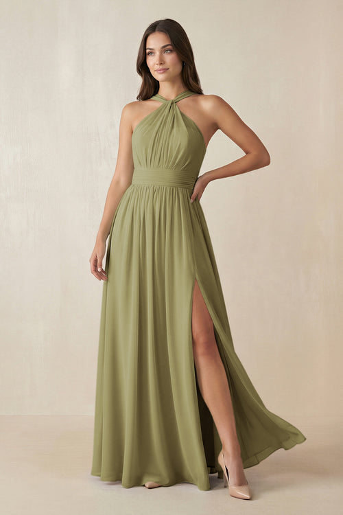 Moss Green Halter Neck Ruched A-Line Chiffon Bridesmaid Dress | KISSBRIDAL