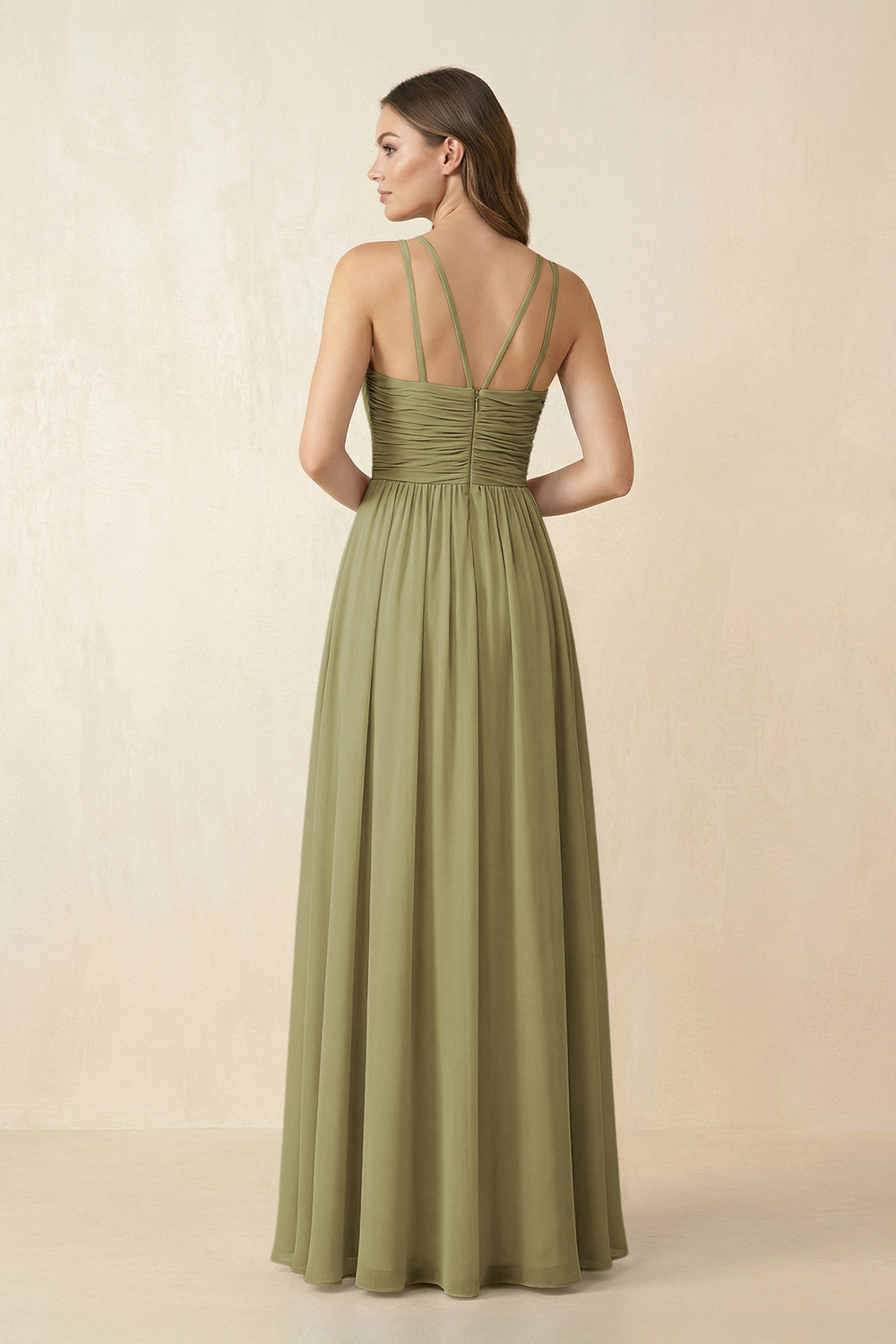 Halter Pleated A-Line Chiffon Bridesmaid Dress in Moss Green