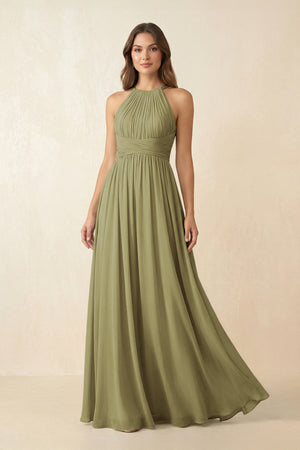 Moss Green Halter Pleated A-Line Chiffon Bridesmaid Dress | KISSBRIDAL
