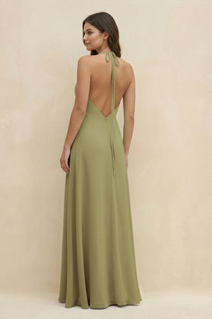 Moss Green Halter Sheath Long Chiffon Bridesmaid Dress (2) | KISSBRIDAL