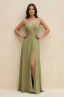 Moss Green Halter Sheath Long Chiffon Bridesmaid Dress | KISSBRIDAL
