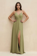 Moss Green Halter Sheath Long Chiffon Bridesmaid Dress | KISSBRIDAL