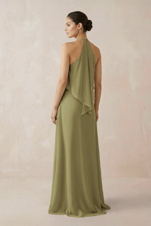 Moss Green Halter Sheath Ruffled Chiffon Bridesmaid Dress (2) | KISSBRIDAL
