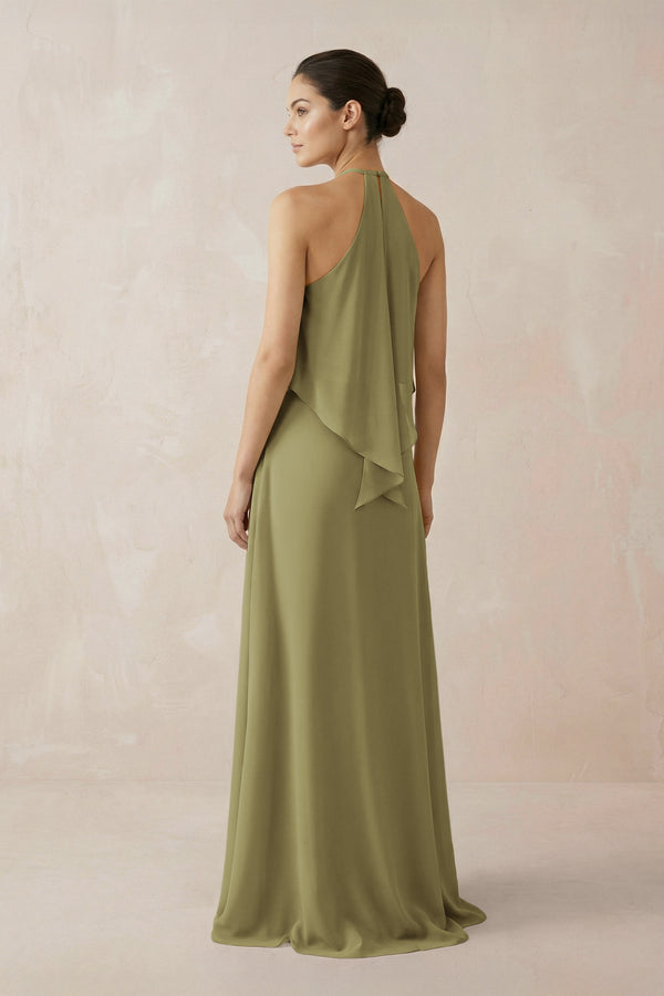Moss Green Halter Sheath Ruffled Chiffon Bridesmaid Dress (2) | KISSBRIDAL