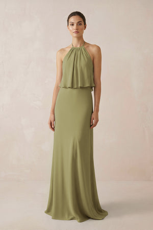 Moss Green Halter Sheath Ruffled Chiffon Bridesmaid Dress | KISSBRIDAL