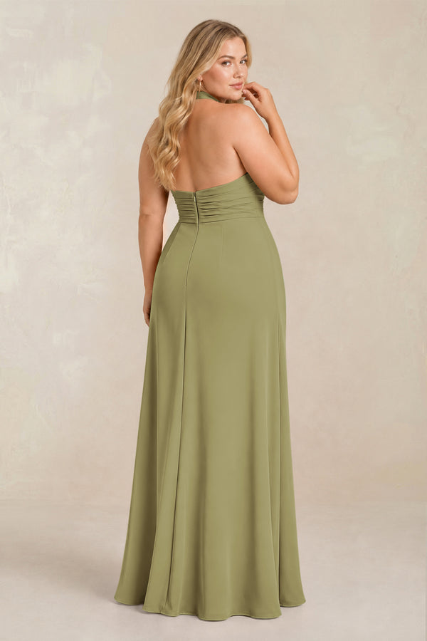 Moss Green High Neck Chiffon Sheath Ruched Bridesmaid Dress (2) [sizeplus] | KISSBRIDAL