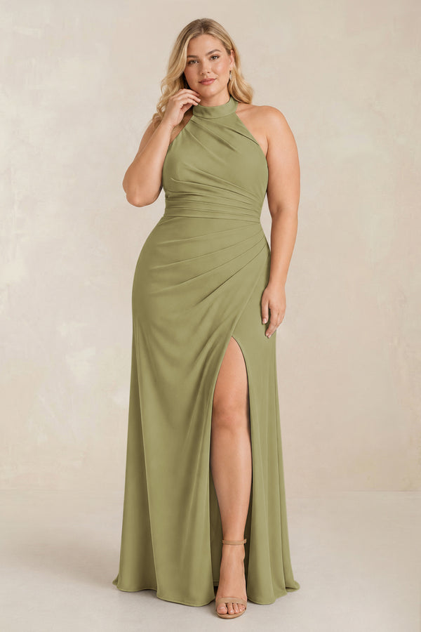 Moss Green High Neck Chiffon Sheath Ruched Bridesmaid Dress [sizeplus] | KISSBRIDAL