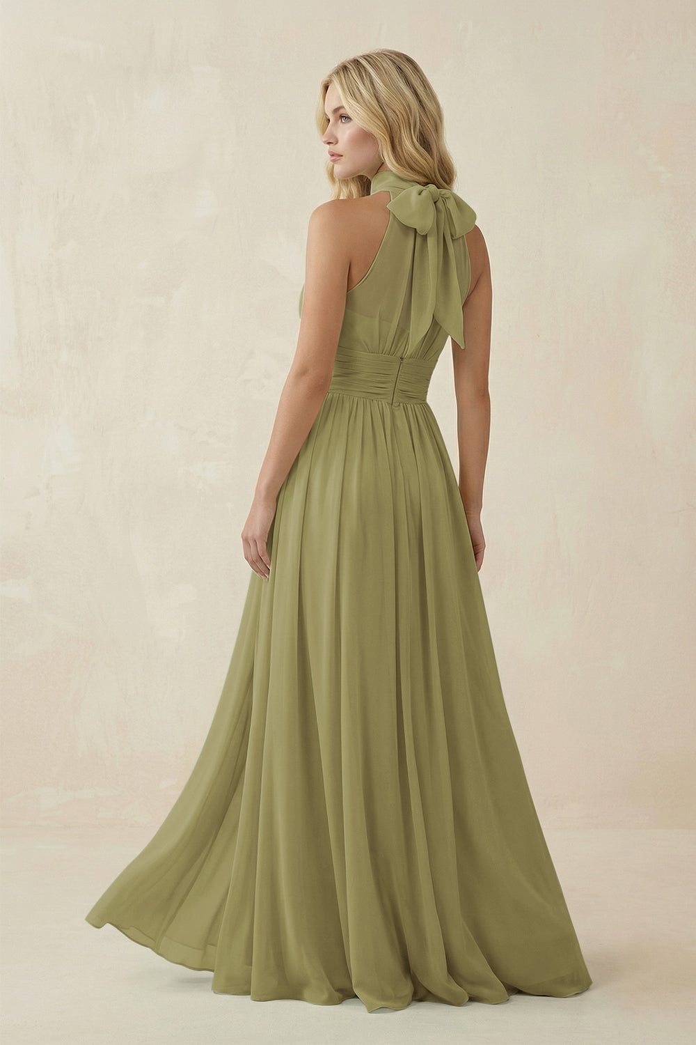 Illusion Halter A-Line Chiffon Bridesmaid Gown in Moss Green