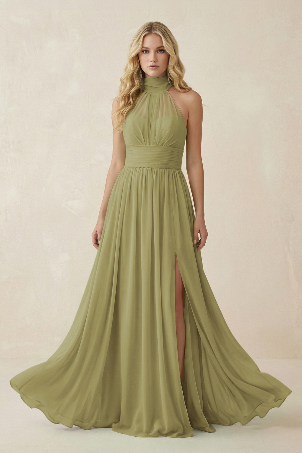Illusion Halter A-Line Chiffon Bridesmaid Gown in Moss Green