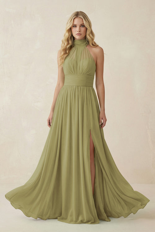 Moss Green Illusion Halter A-Line Chiffon Bridesmaid Gown | KISSBRIDAL