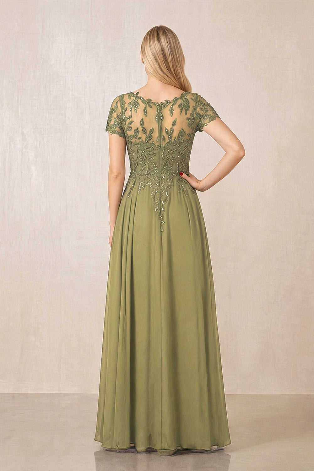 Moss Green Illusion Neck A-Line Chiffon Cap Sleeves Mother of the Bride Dress
