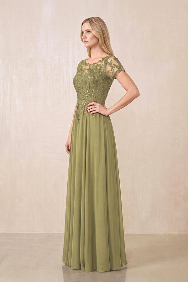 Moss Green Illusion Neck A-Line Chiffon Cap Sleeves Mother of the Bride Dress (3) | KISSBRIDAL
