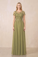 Moss Green Illusion Neck A-Line Chiffon Cap Sleeves Mother of the Bride Dress | KISSBRIDAL