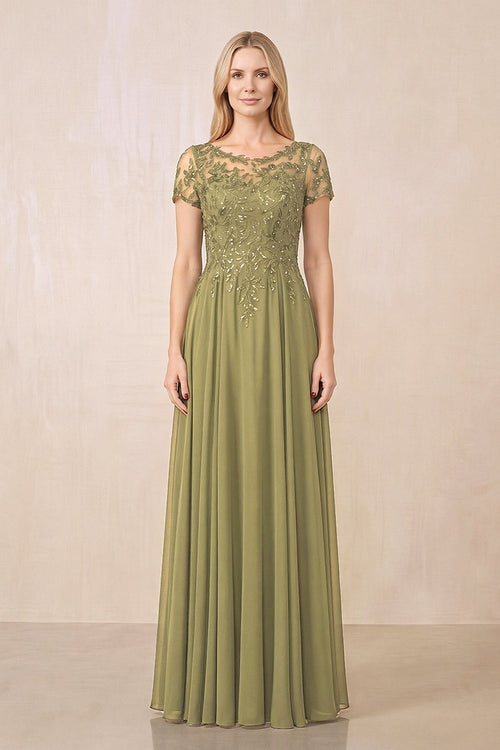 Moss Green Illusion Neck A-Line Chiffon Cap Sleeves Mother of the Bride Dress | KISSBRIDAL