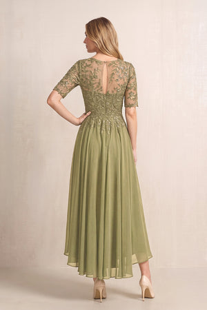 Moss Green Illusion Neck A-Line Chiffon Lace Midi Mother of the Bride Dress with Half Sleeves (2) | KISSBRIDAL