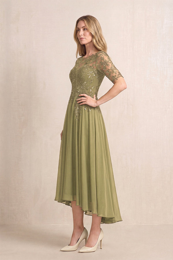 Moss Green Illusion Neck A-Line Chiffon Lace Midi Mother of the Bride Dress with Half Sleeves (3) | KISSBRIDAL