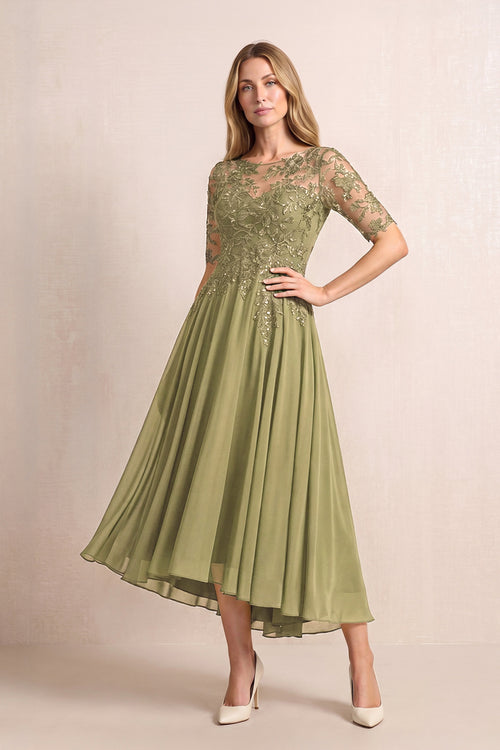 Moss Green Illusion Neck A-Line Chiffon Lace Midi Mother of the Bride Dress with Half Sleeves | KISSBRIDAL