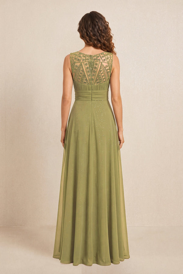 Moss Green Illusion Neck A-Line Satin Embroidered Pleated Mother of the Bride Dress (2) | KISSBRIDAL
