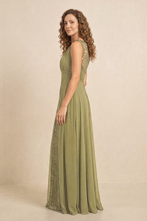 Moss Green Illusion Neck A-Line Satin Embroidered Pleated Mother of the Bride Dress (3) | KISSBRIDAL