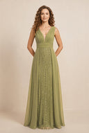 Moss Green Illusion Neck A-Line Satin Embroidered Pleated Mother of the Bride Dress | KISSBRIDAL
