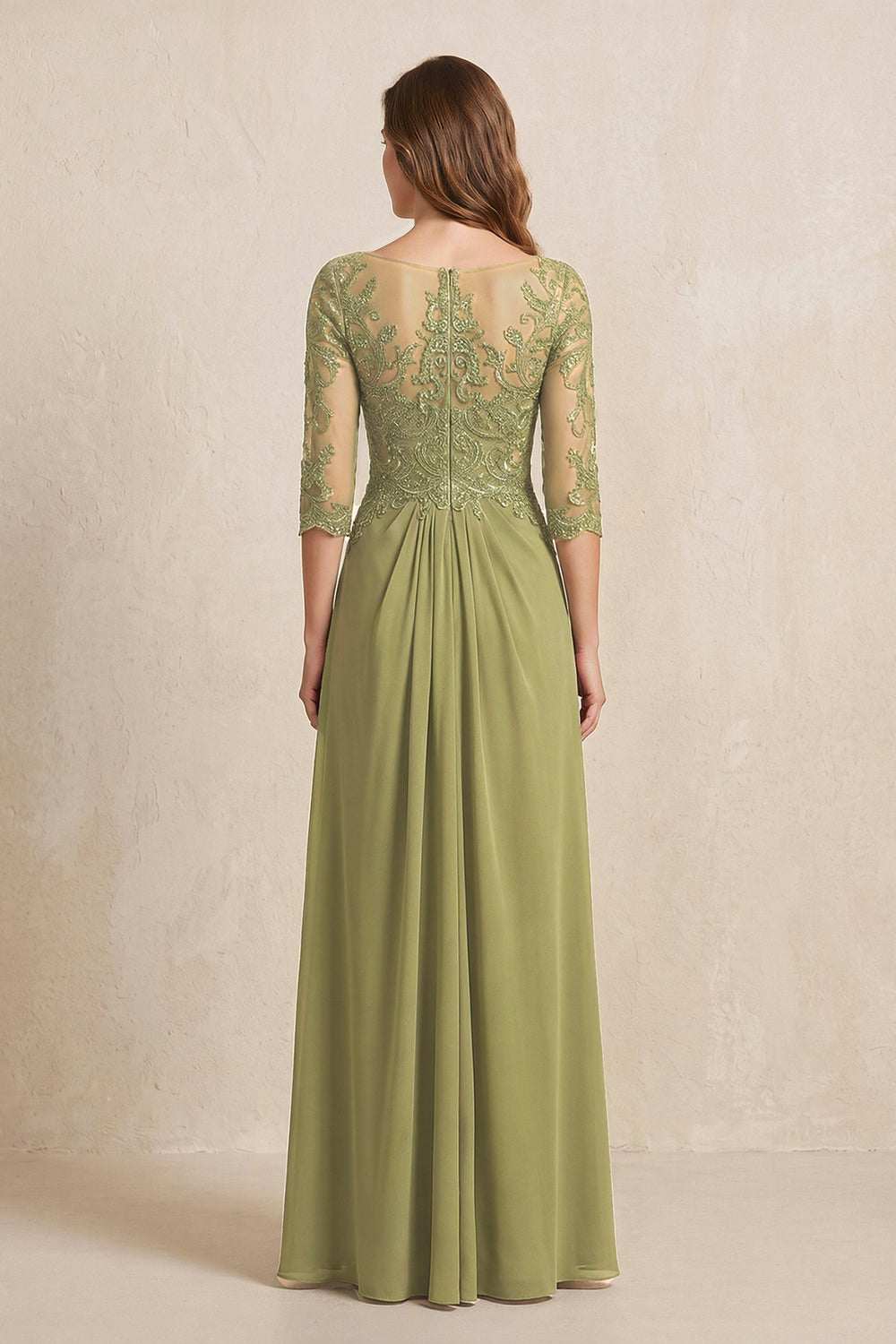Moss Green Illusion Neck Sheath Embroidered Chiffon Mother of the Bride Dress with Half Sleeves