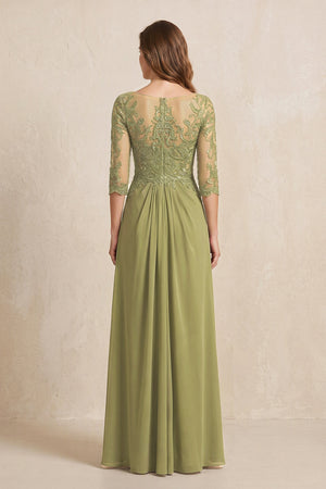 Moss Green Illusion Neck Sheath Embroidered Chiffon Mother of the Bride Dress with Half Sleeves (2) | KISSBRIDAL
