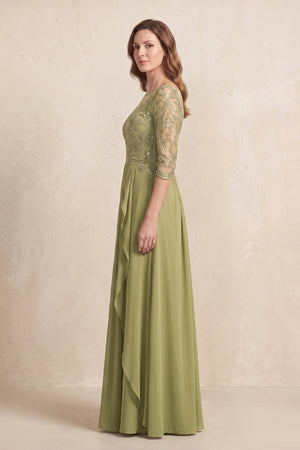Moss Green Illusion Neck Sheath Embroidered Chiffon Mother of the Bride Dress with Half Sleeves (3) | KISSBRIDAL