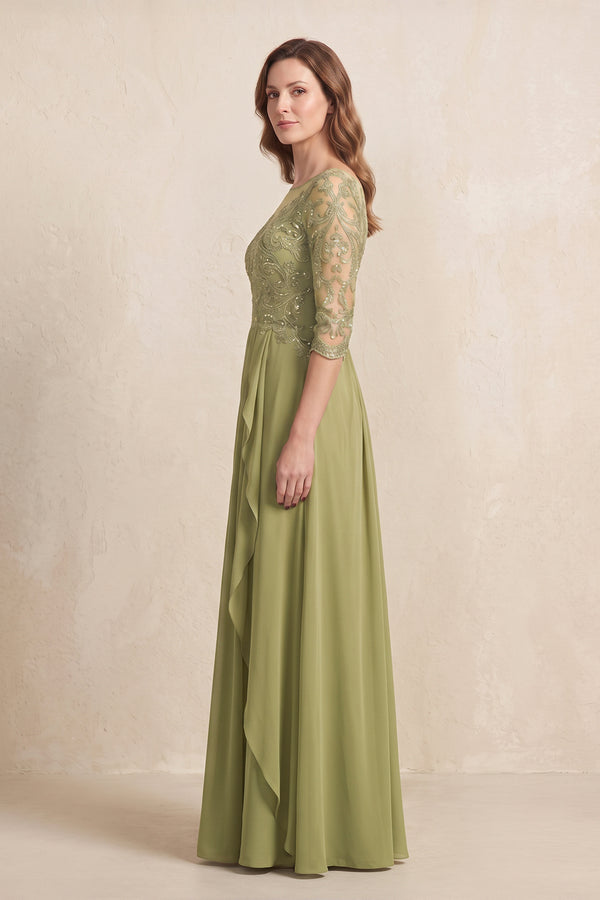 Moss Green Illusion Neck Sheath Embroidered Chiffon Mother of the Bride Dress with Half Sleeves (3) | KISSBRIDAL