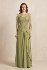 Moss Green Illusion Neck Sheath Embroidered Chiffon Mother of the Bride Dress with Half Sleeves | KISSBRIDAL