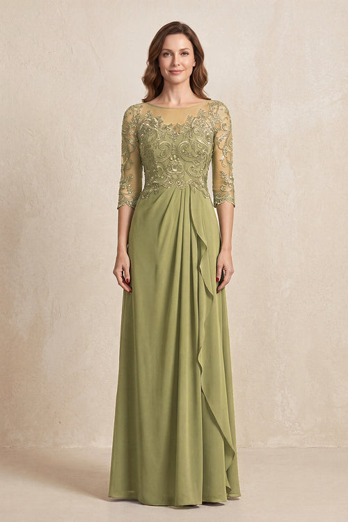 Moss Green Illusion Neck Sheath Embroidered Chiffon Mother of the Bride Dress with Half Sleeves | KISSBRIDAL