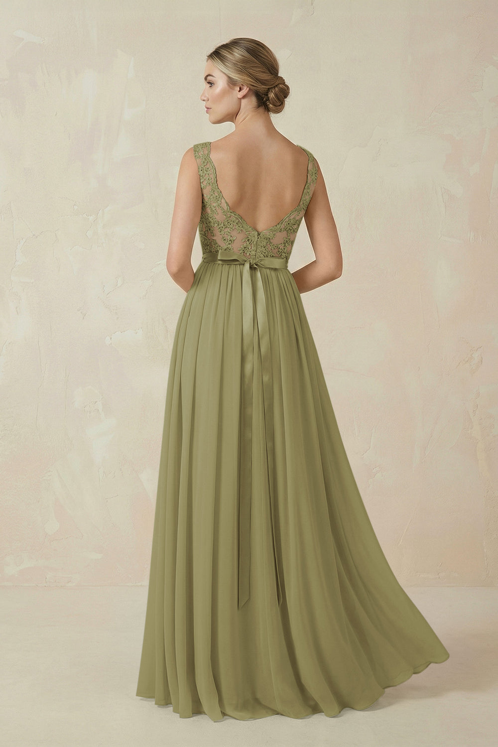Lace A-Line Bateau Neck Chiffon Long Bridesmaid Dress in Moss Green
