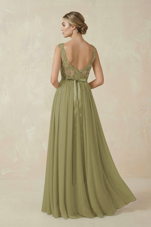 Moss Green Lace A-Line Bateau Neck Chiffon Long Bridesmaid Dress (2) | KISSBRIDAL
