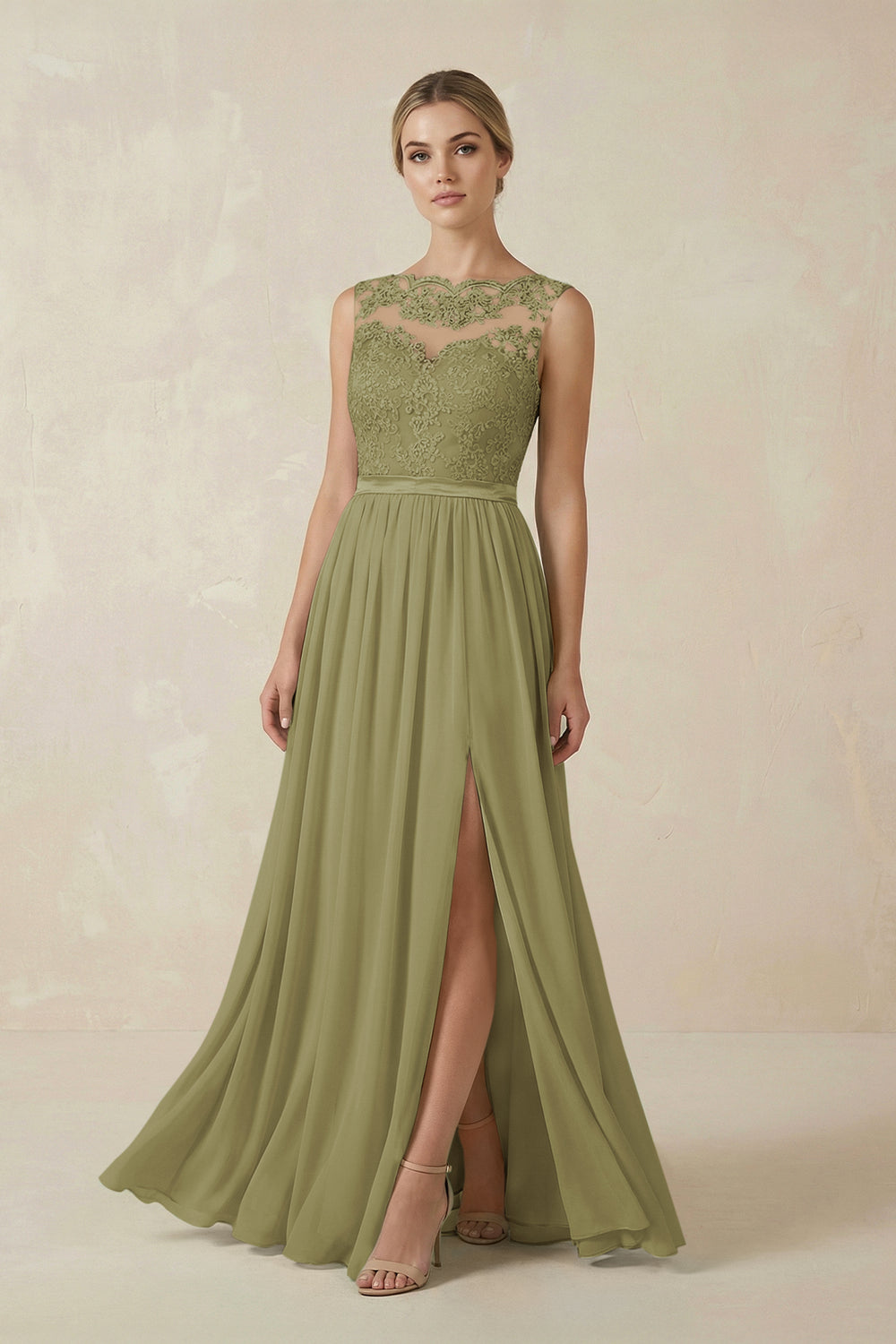 Lace A-Line Bateau Neck Chiffon Long Bridesmaid Dress in Moss Green