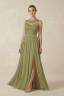 Moss Green Lace A-Line Bateau Neck Chiffon Long Bridesmaid Dress | KISSBRIDAL