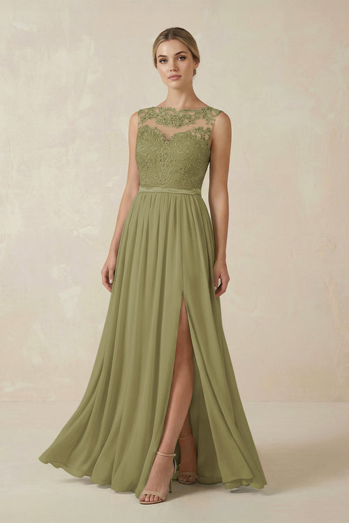 Moss Green Lace A-Line Bateau Neck Chiffon Long Bridesmaid Dress | KISSBRIDAL