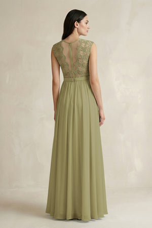 Moss Green Lace Chiffon A-Line Round Neck Bridesmaid Dress (2) | KISSBRIDAL