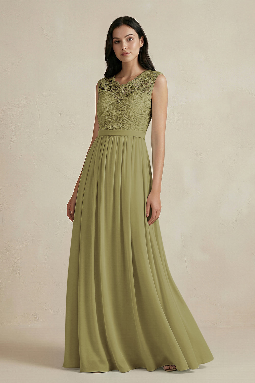 Lace Chiffon A-Line Round Neck Bridesmaid Dress in Moss Green