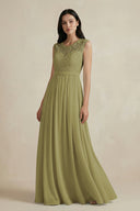 Moss Green Lace Chiffon A-Line Round Neck Bridesmaid Dress | KISSBRIDAL