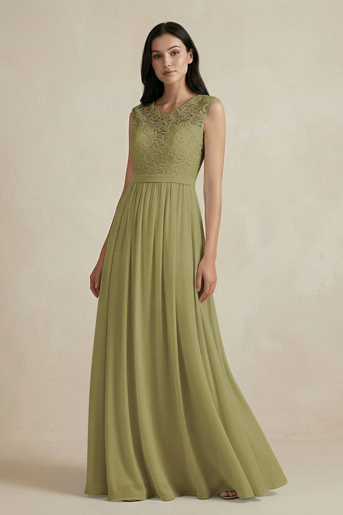 Moss Green Lace Chiffon A-Line Round Neck Bridesmaid Dress | KISSBRIDAL