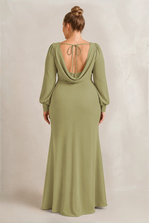 Moss Green Long Sleeve V-Neck Sheath Chiffon Bridesmaid Dress (2) [sizeplus] | KISSBRIDAL