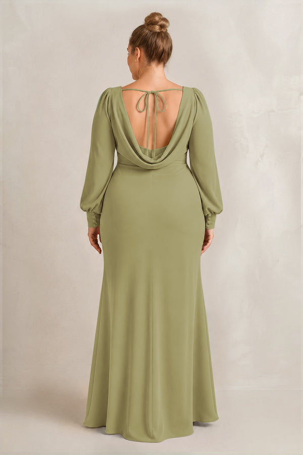 Moss Green Long Sleeve V-Neck Sheath Chiffon Bridesmaid Dress (2) [sizeplus] | KISSBRIDAL
