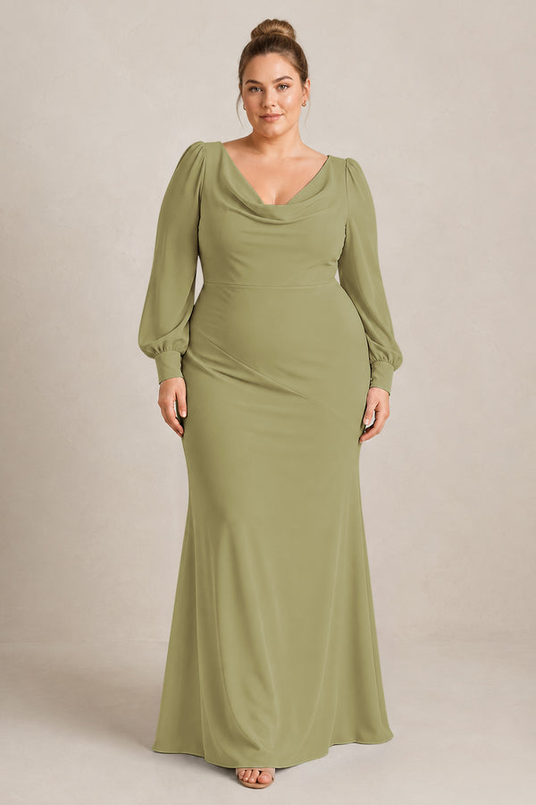 Moss Green Long Sleeve V-Neck Sheath Chiffon Bridesmaid Dress [sizeplus] | KISSBRIDAL