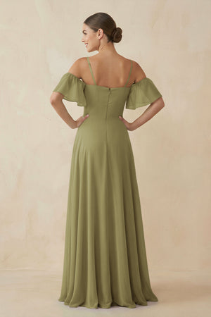 Moss Green Off-the-Shoulder A-Line Chiffon Bridesmaid Dress (2) | KISSBRIDAL