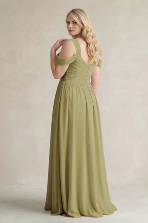 Moss Green Off-the-Shoulder A-Line Chiffon Bridesmaid Dress With Slit (2) | KISSBRIDAL