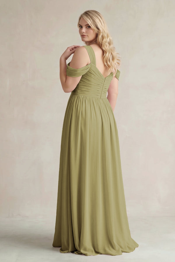 Moss Green Off-the-Shoulder A-Line Chiffon Bridesmaid Dress With Slit (2) | KISSBRIDAL