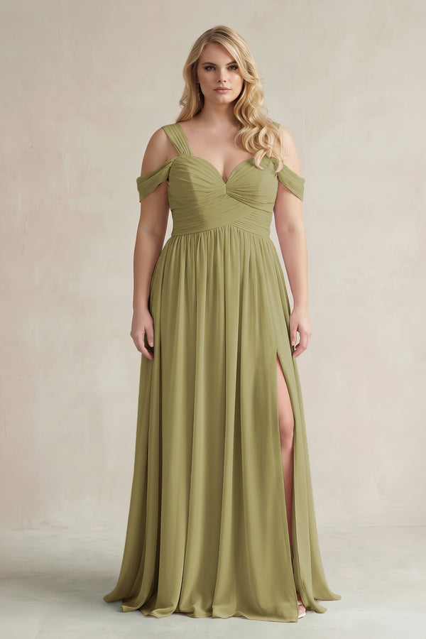 Moss Green Off-the-Shoulder A-Line Chiffon Bridesmaid Dress With Slit | KISSBRIDAL