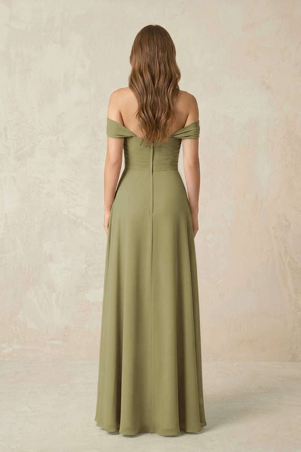 Off-the-Shoulder A-Line Chiffon Pleated Bridesmaid Dress in Moss Green
