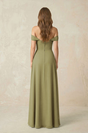 Moss Green Off-the-Shoulder A-Line Chiffon Pleated Bridesmaid Dress (2) | KISSBRIDAL