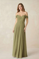 Moss Green Off-the-Shoulder A-Line Chiffon Pleated Bridesmaid Dress | KISSBRIDAL
